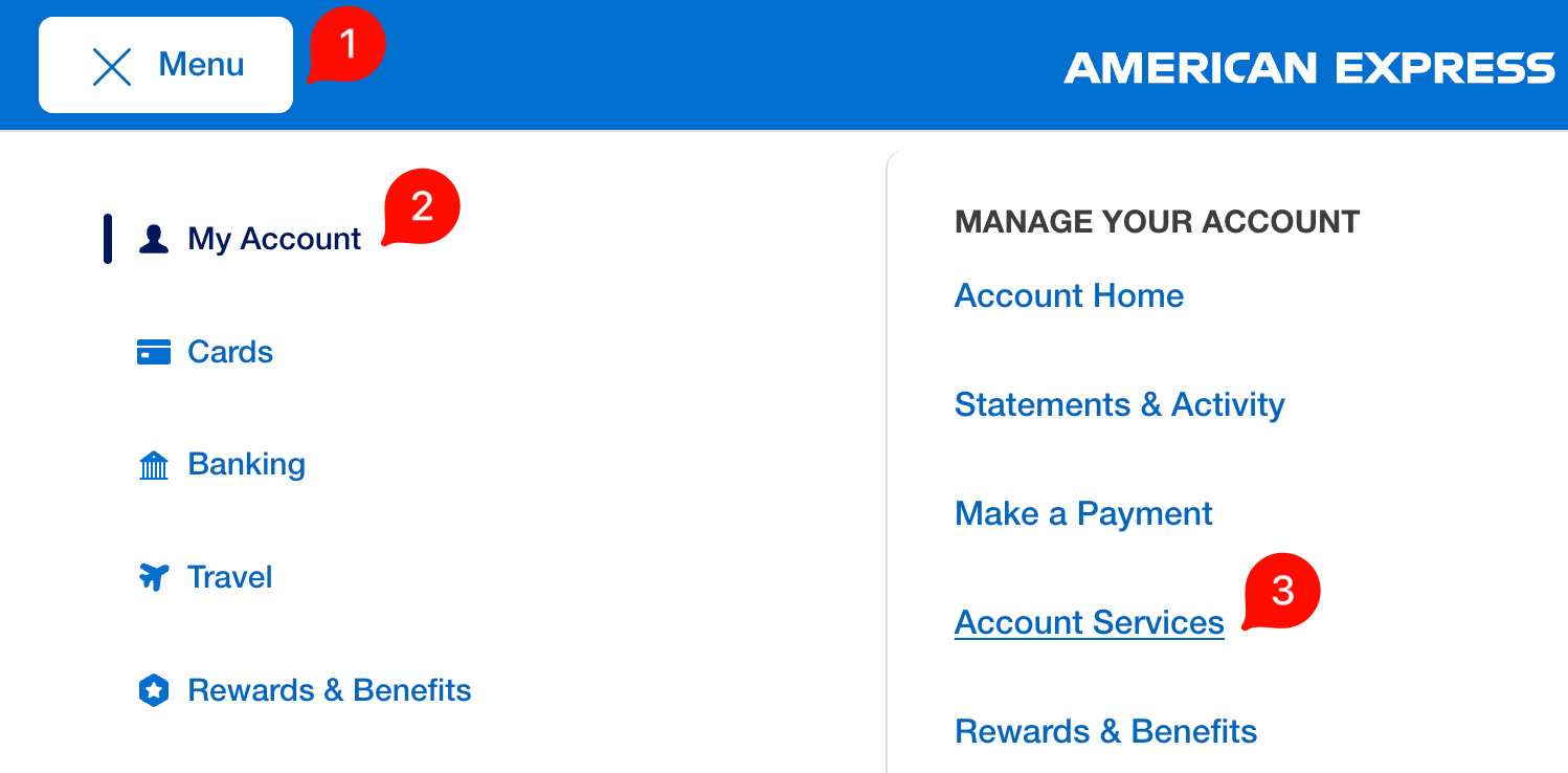 American Express menu with My Account and Account Services marked.