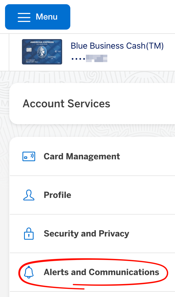 American Express Account Services with Alerts and Communications circled.