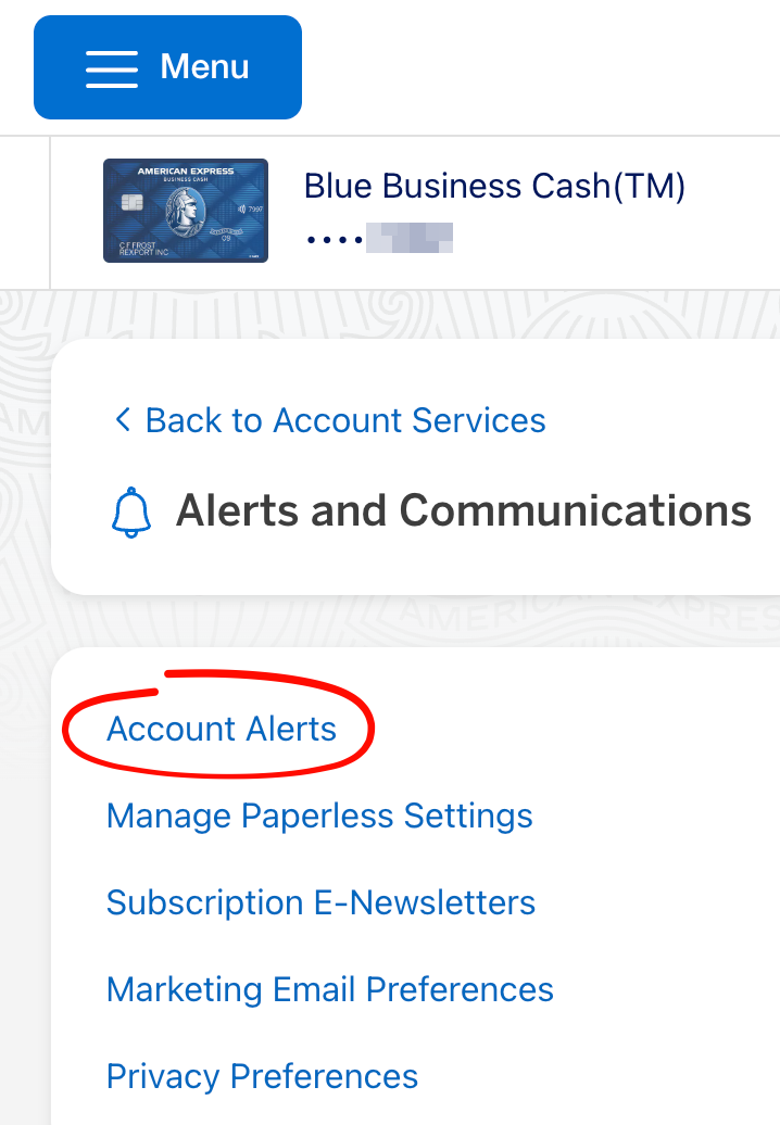 American Express Alerts and Communications with Account Alerts circled.