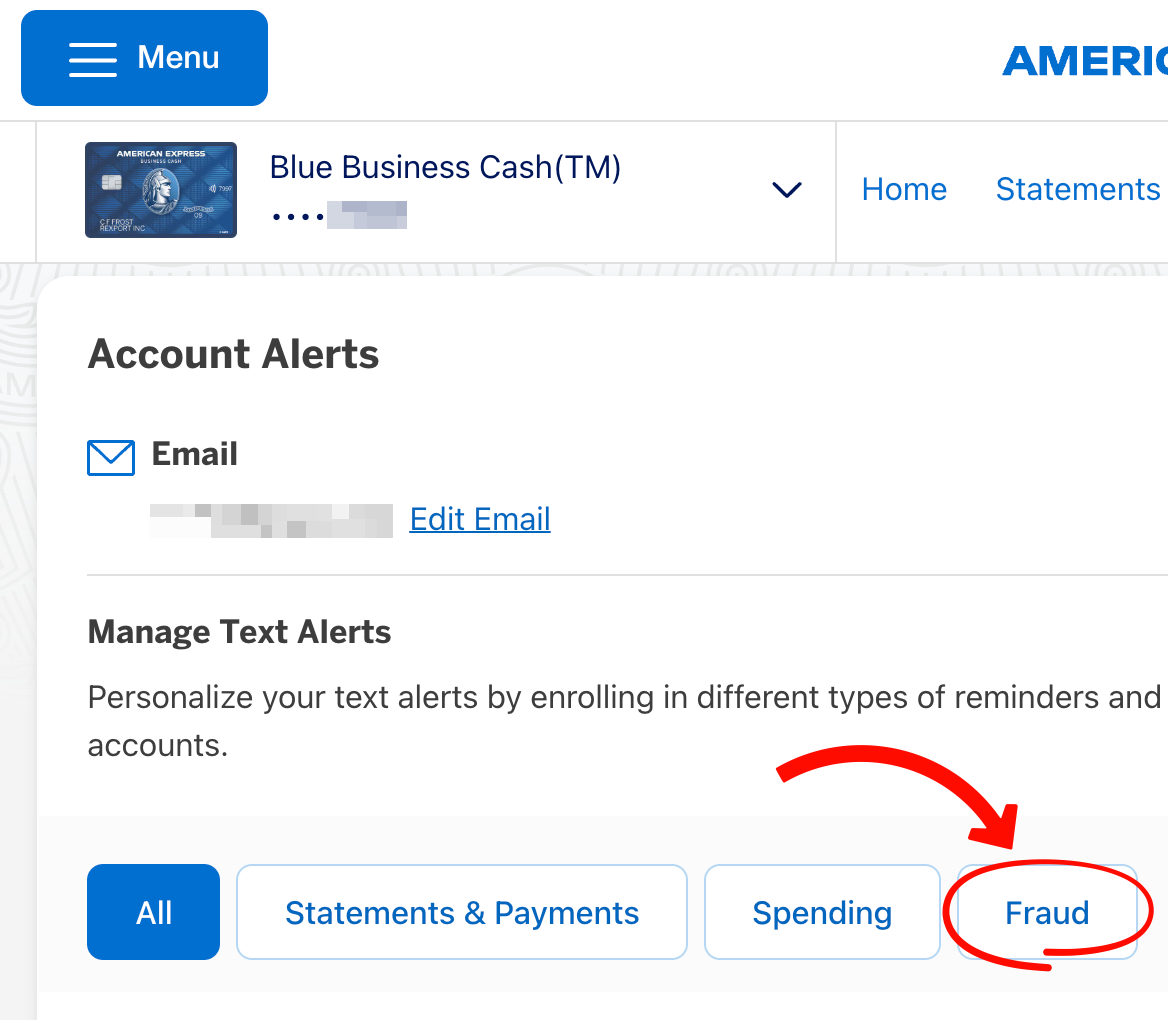 American Express Account Alerts page with the Fraud tab circled.