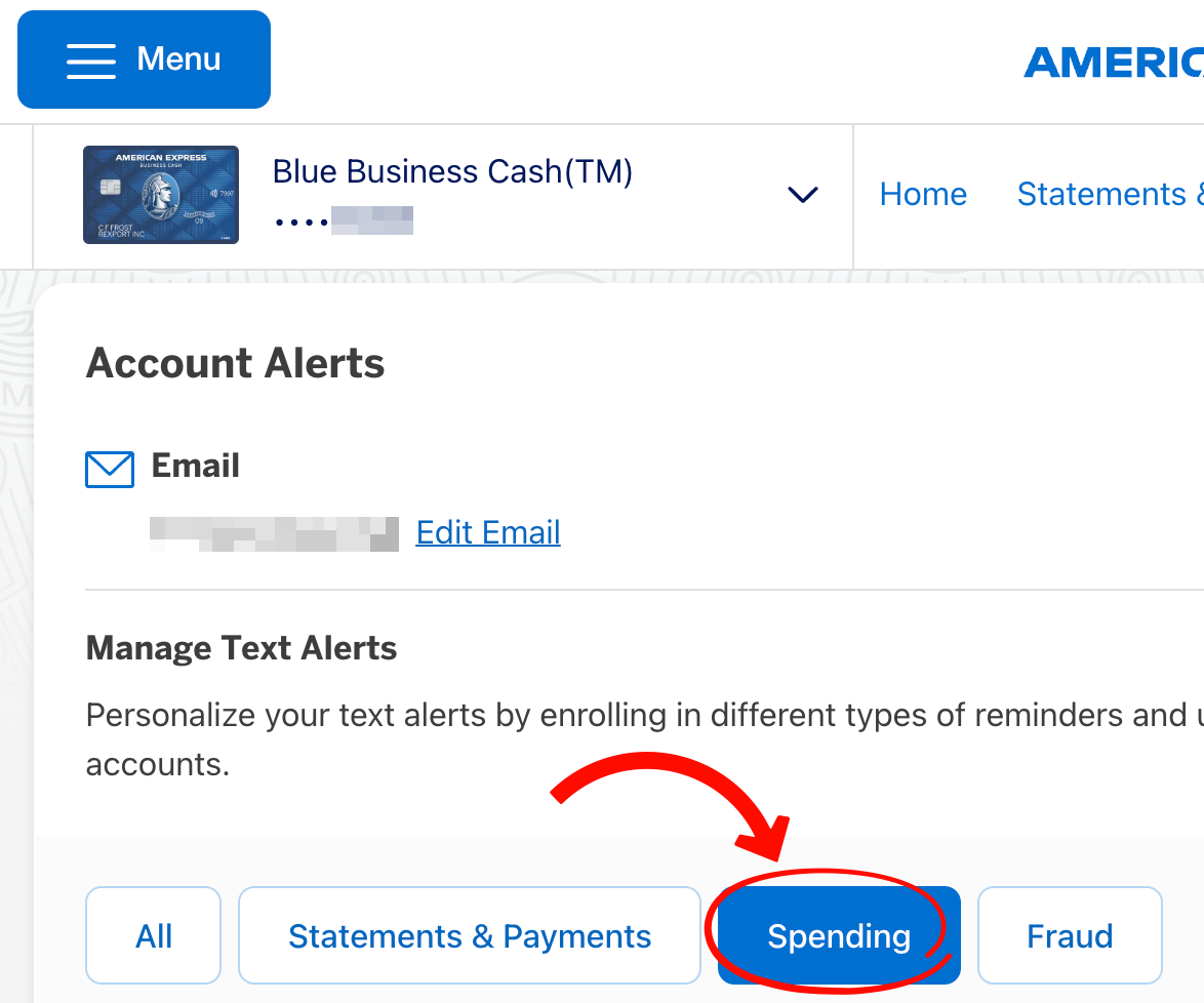 American Express Account Alerts page with the Spending tab circled.