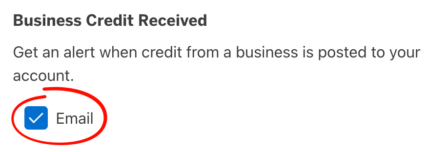 American Express Business Credit Received alert with Email checked.