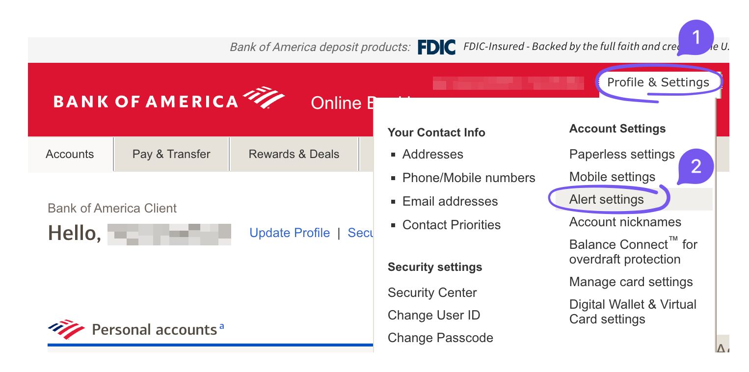 Bank of America Profile & Settings menu with Alert settings marked.
