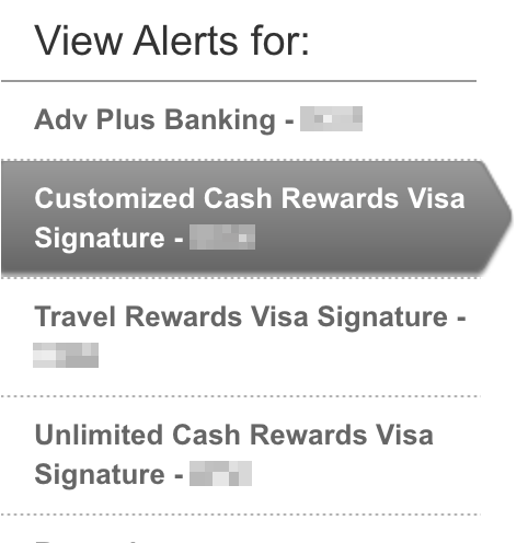 Bank of America View Alerts for list with a Customized Cash Rewards Visa Signature card selected.