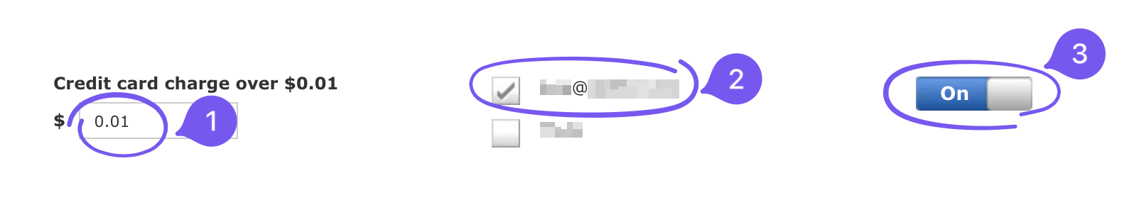 Bank of America Credit card charge over alert with the amount set to 0.01, the email address checked, and the switch set to On.