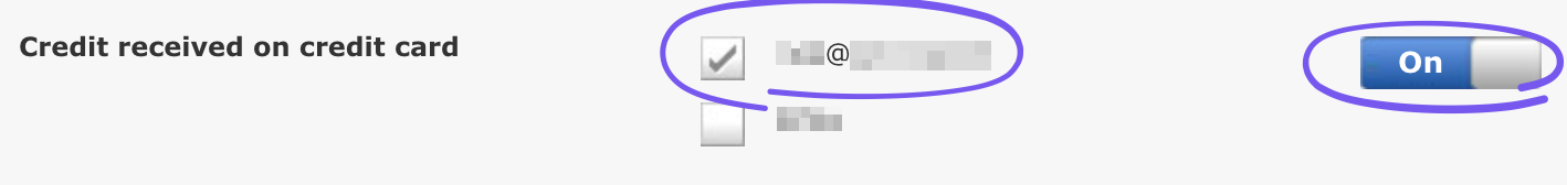 Bank of America Credit received on credit card alert with the email address checked and the switch set to On.