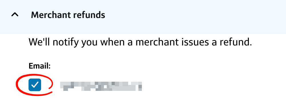 Capital One Merchant refunds alert expanded with the Email checkbox selected and circled in red.