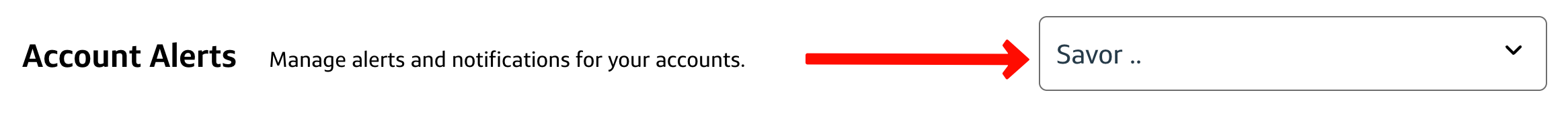 Capital One Account Alerts header with a red arrow pointing to the credit card dropdown showing Savor.