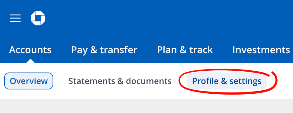 Chase Accounts page with Profile & settings circled in red.