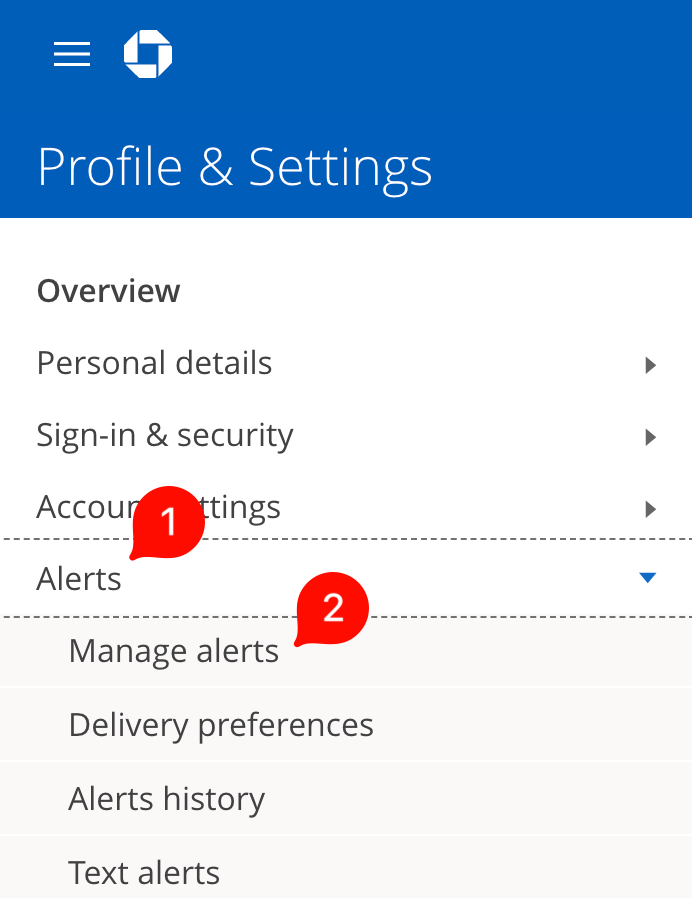 Chase settings sidebar with Alerts expanded and Manage alerts marked as the next selection.