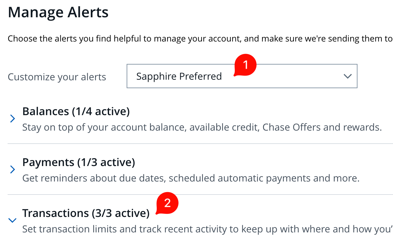Manage Alerts page showing a Sapphire Preferred card selected and the Transactions section expanded.