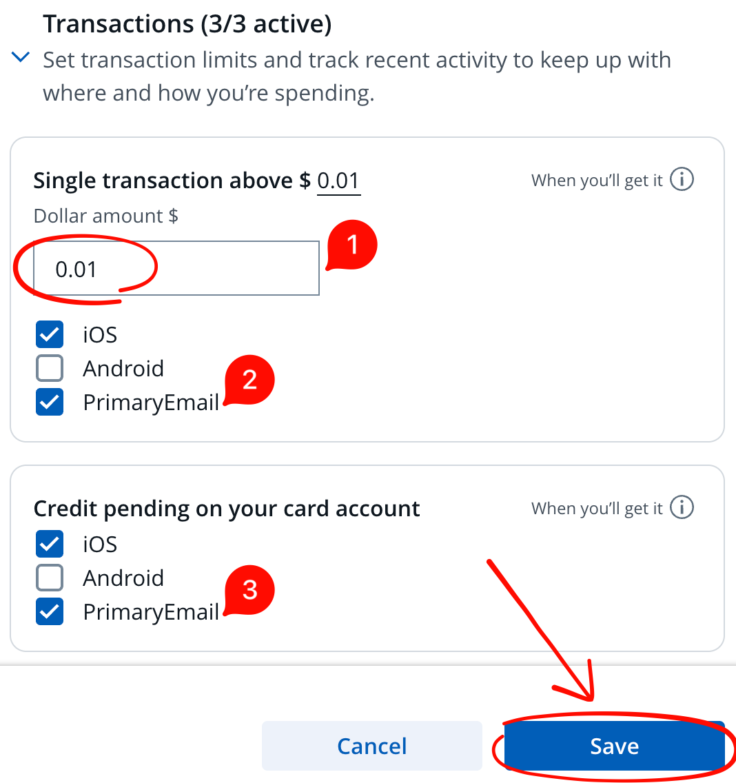 Chase Transactions settings: amount 0.01, PrimaryEmail checked for Single transaction above and Credit pending on your card account, and Save circled.