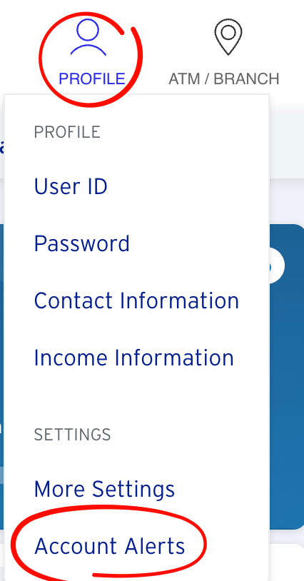 Citi Profile menu with Account Alerts circled.