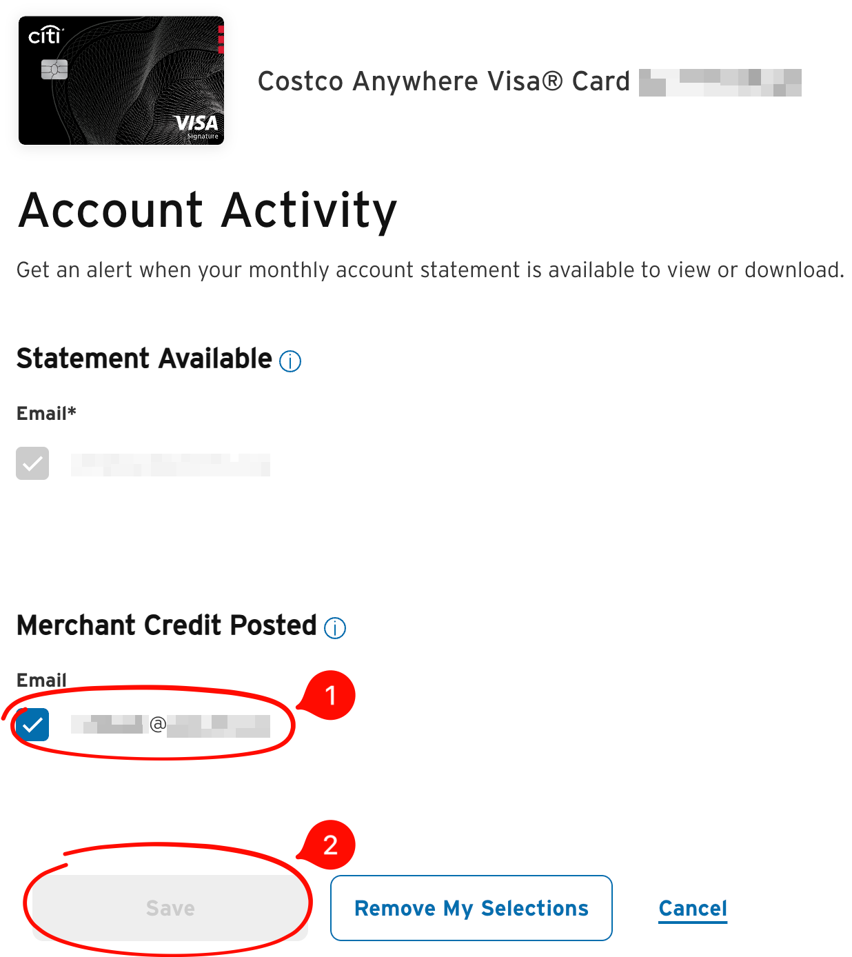 Citi Merchant Credit Posted settings with the email address checked and Save circled.