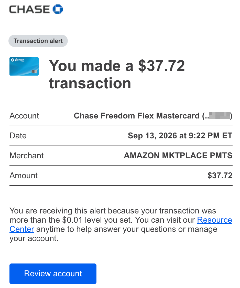 Chase transaction alert showing a $37.72 purchase at AMAZON MKTPLACE PMTS on September 13, 2026. Account details are obscured.
