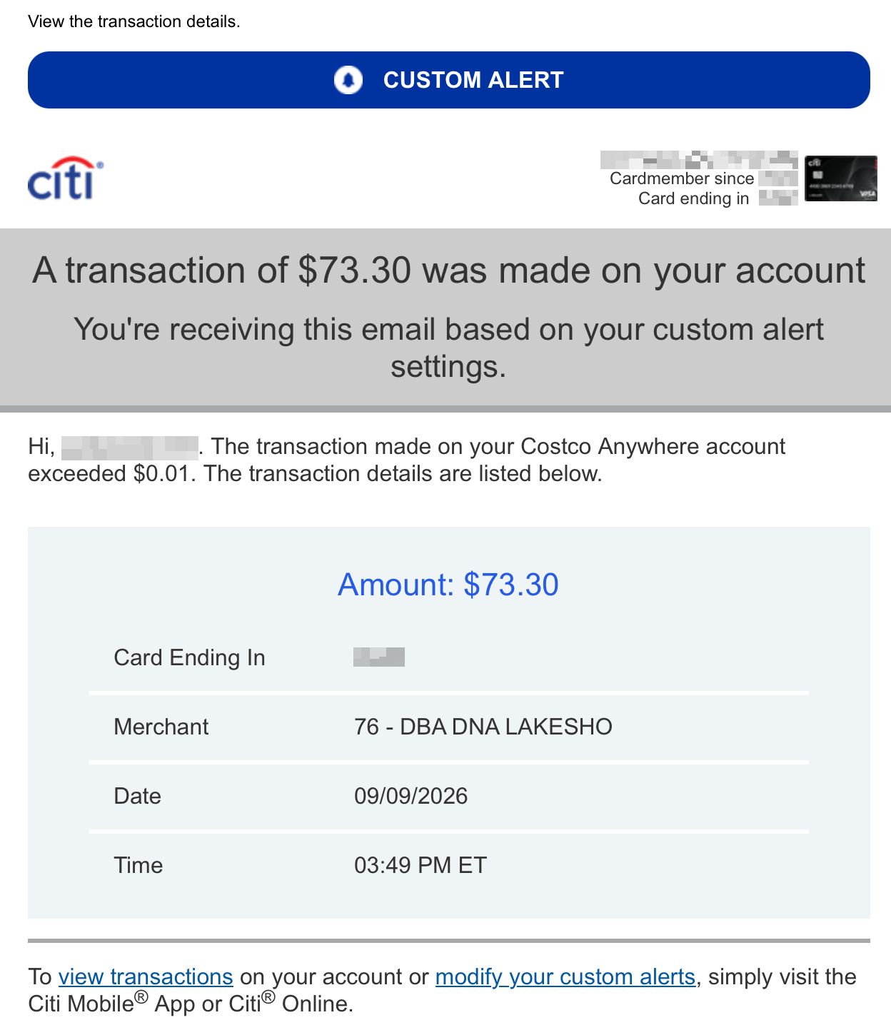 Citi transaction alert showing a $73.30 purchase at 76 - DBA DNA LAKESHO on September 9, 2026. Personal and account details are obscured.