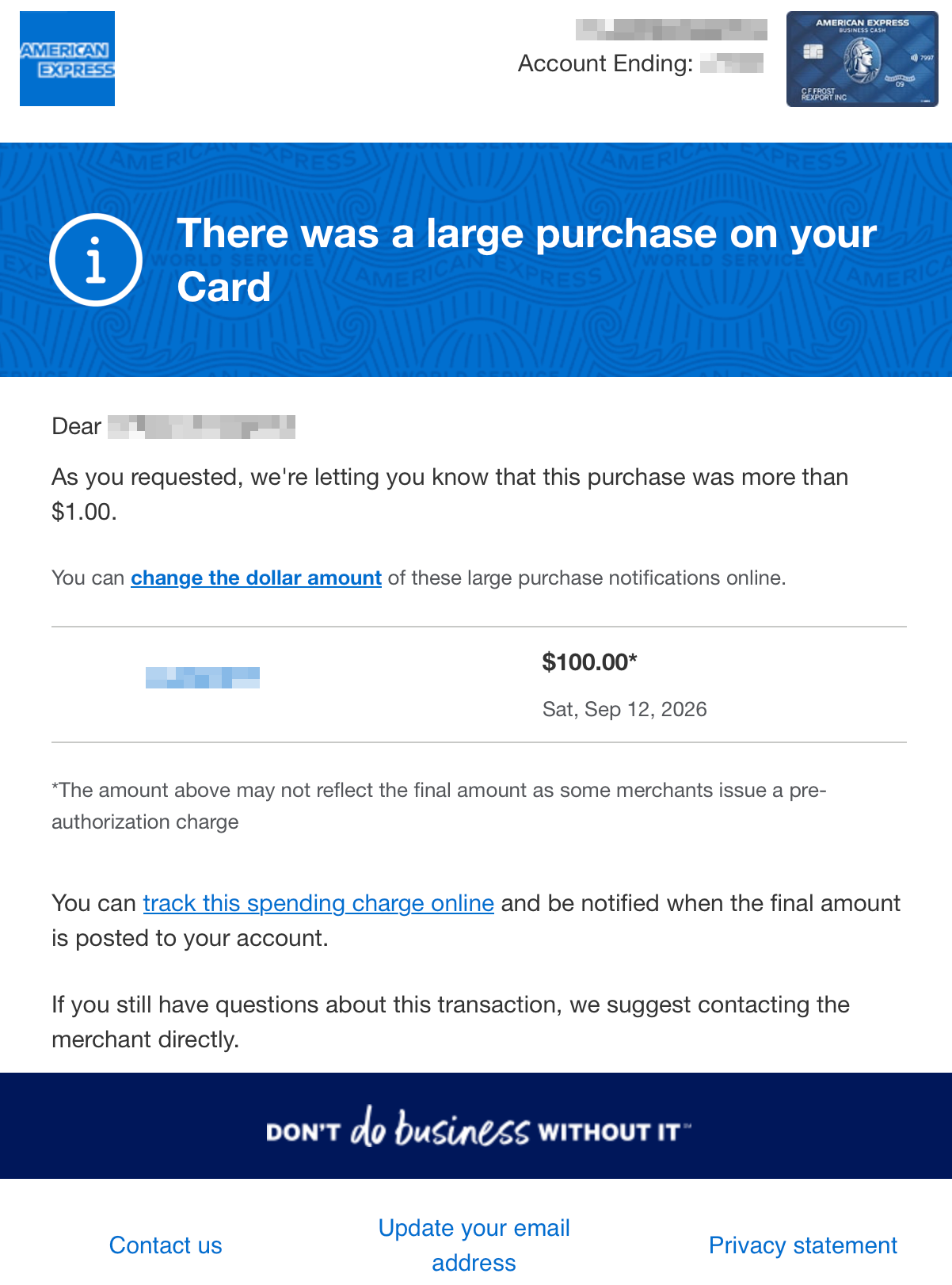 American Express transaction alert showing a $100.00 purchase on September 12, 2026. The merchant, personal and account details are obscured.