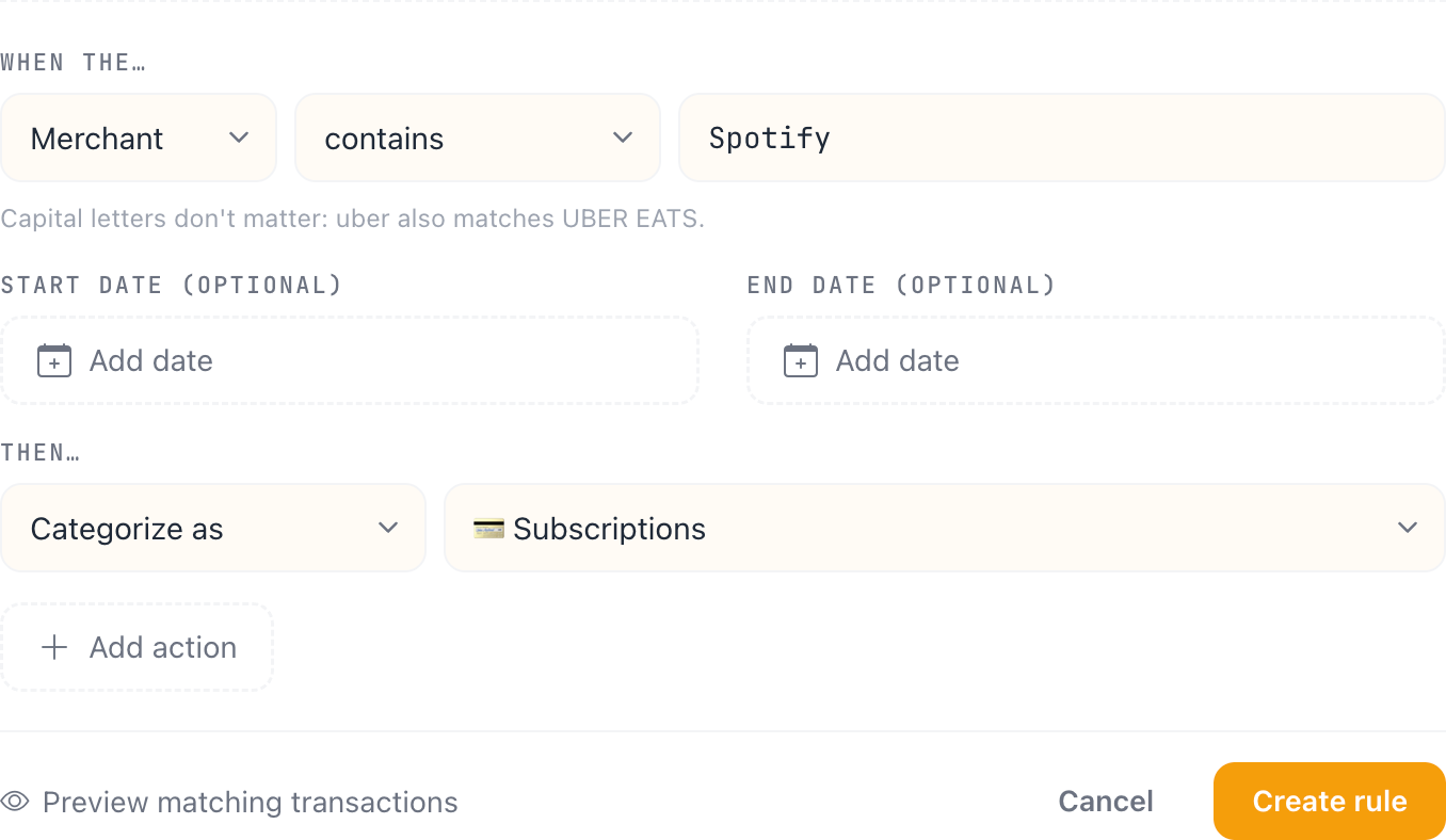 The rule editor with Merchant contains Spotify and the action Categorize as Subscriptions.