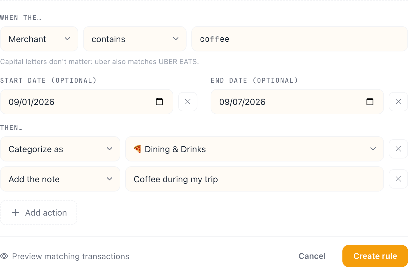 A rule matching merchants containing coffee from September 1 through September 7, 2026, categorizing them as Dining and Drinks and adding the note Coffee during my trip.