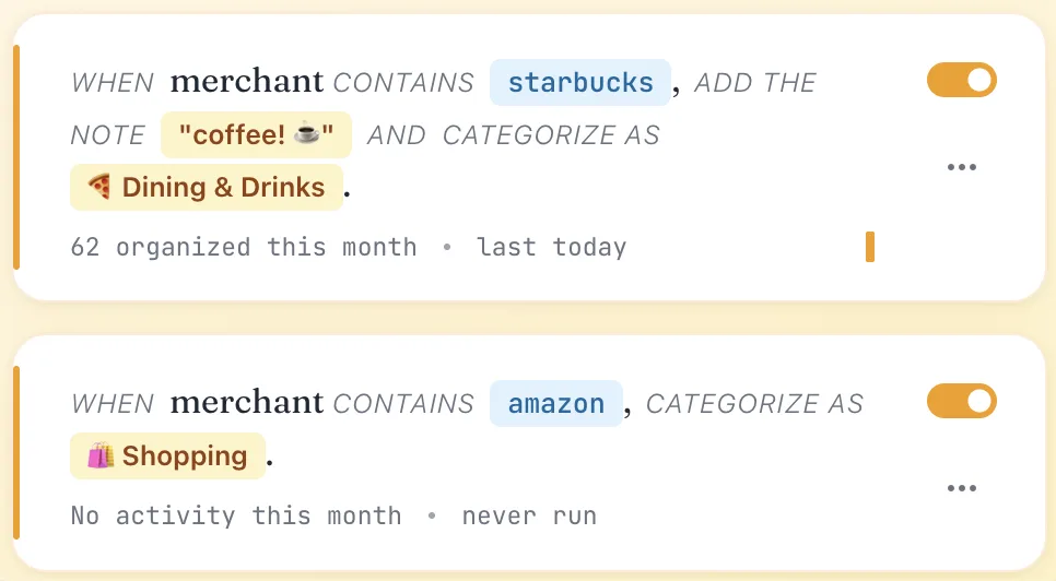 Meli rules automating transaction categories, notes, tags, and refund status